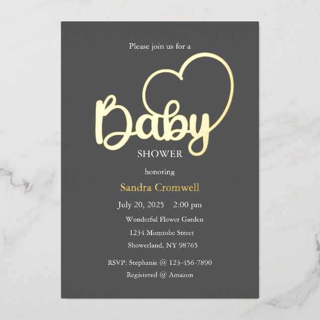 Baby Shower Foil Invitation, Script, Heart (Front)