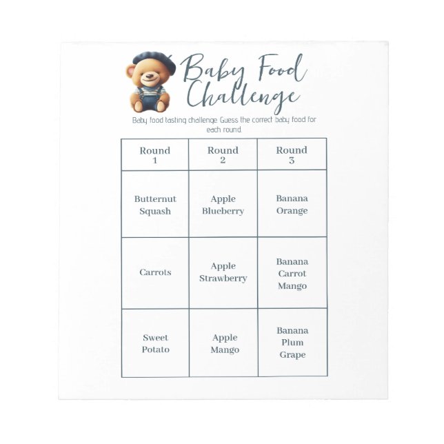 Baby Shower Food Challenge Game Activity Notepad (Front)