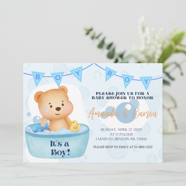 Baby shower for a boy bubble bath bear  invitation (Standing Front)