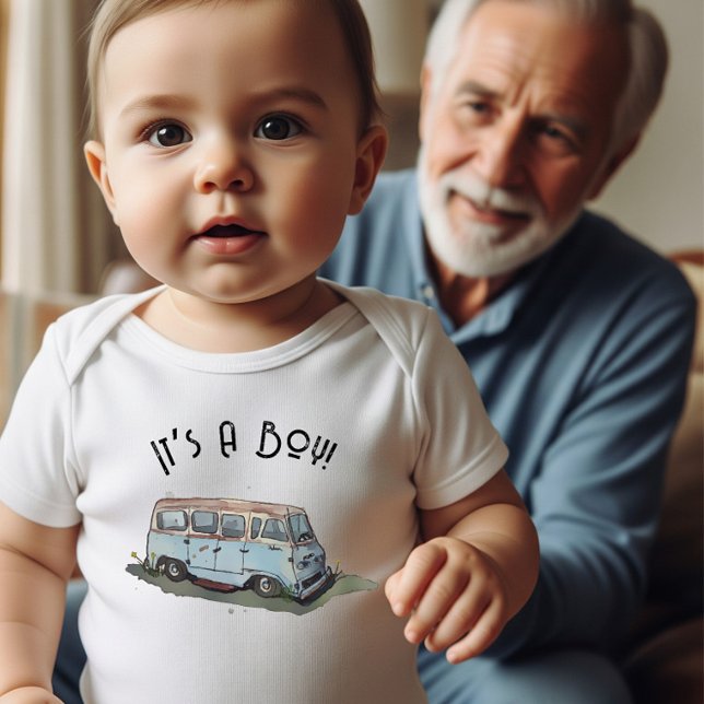 Baby shower for a boy with antique van image bodysuit (It’s a boy!)