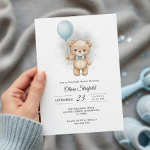 Baby Shower for Boy Blue Balloon, Teddy Bear & Bow