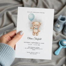 Baby Shower for Boy Blue Balloon, Teddy Bear & Bow