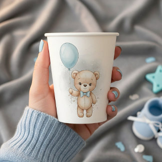 Baby Shower for Boy Blue Balloon, Teddy Bear & Bow Paper Cups
