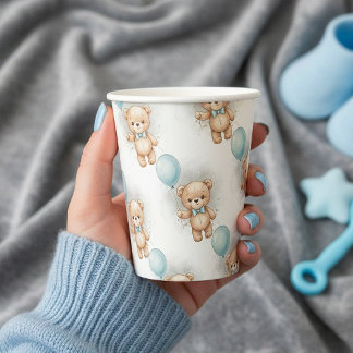 Baby Shower for Boy Blue Balloon, Teddy Bear & Bow Paper Cups