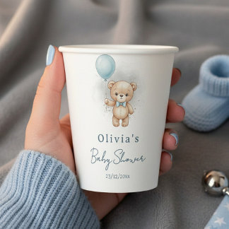 Baby Shower for Boy Blue Balloon, Teddy Bear & Bow Paper Cups