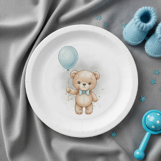 Baby Shower for Boy Blue Balloon , Teddy Bear Bow Paper Plate