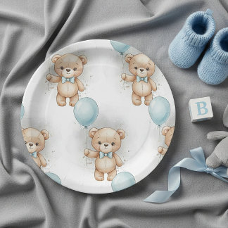 Baby Shower for Boy Blue Balloon , Teddy Bear Bow Paper Plate