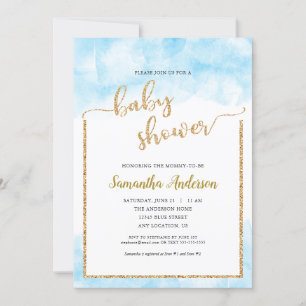 Baby Shower for Boy Blue Watercolor Gold Glitter Invitation