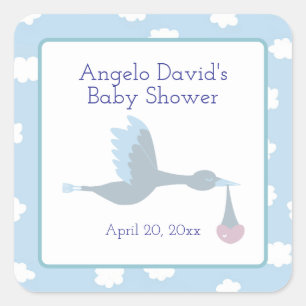 Baby Shower for Boy Stork with Blue Sky and Clouds Square Sticker