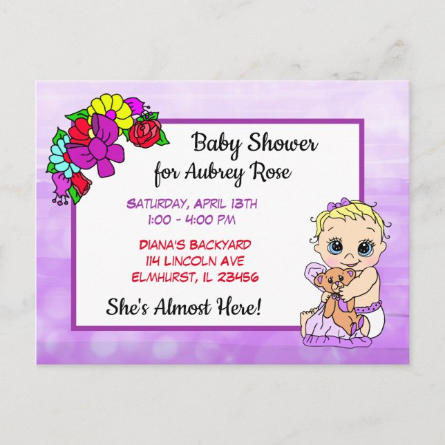 Baby Shower for Girl, Baby and Teddy Bear Purple Postcard (Front)