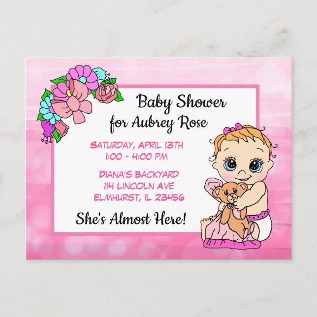 Baby Shower for Girl, Pink Bow Baby Postcard (Front)