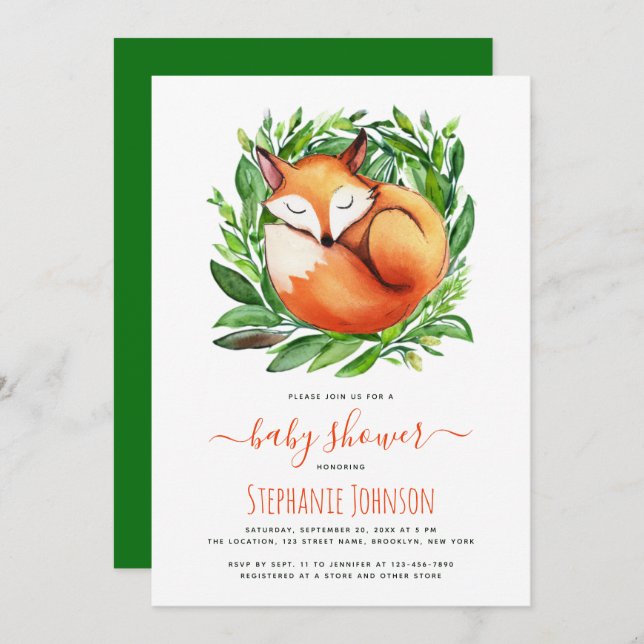 Baby Shower Fox Sleeping in Greenery Cute Woodland Invitation (Front/Back)