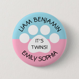 Baby Shower - Fraternal Twins - Paw Print Theme 6 Cm Round Badge