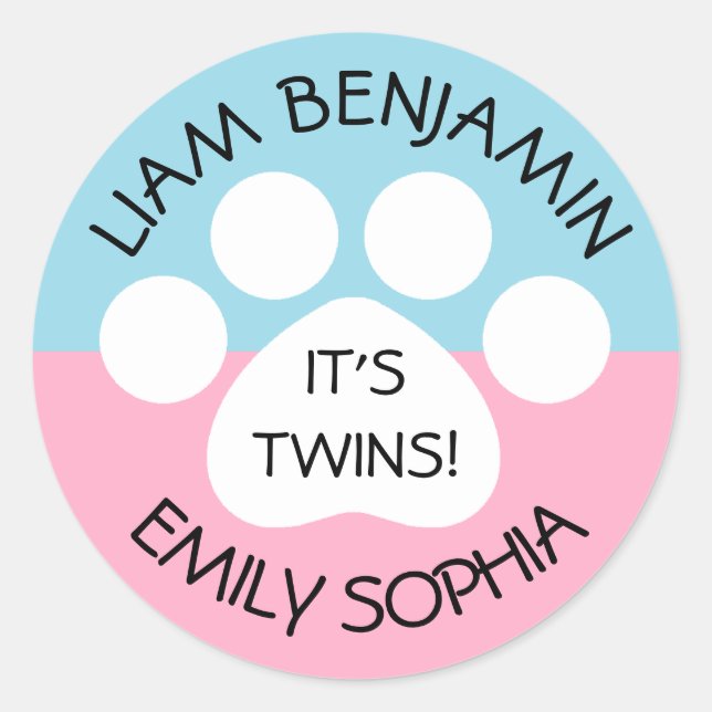 Baby Shower - Fraternal Twins - Paw Print Theme Classic Round Sticker (Front)