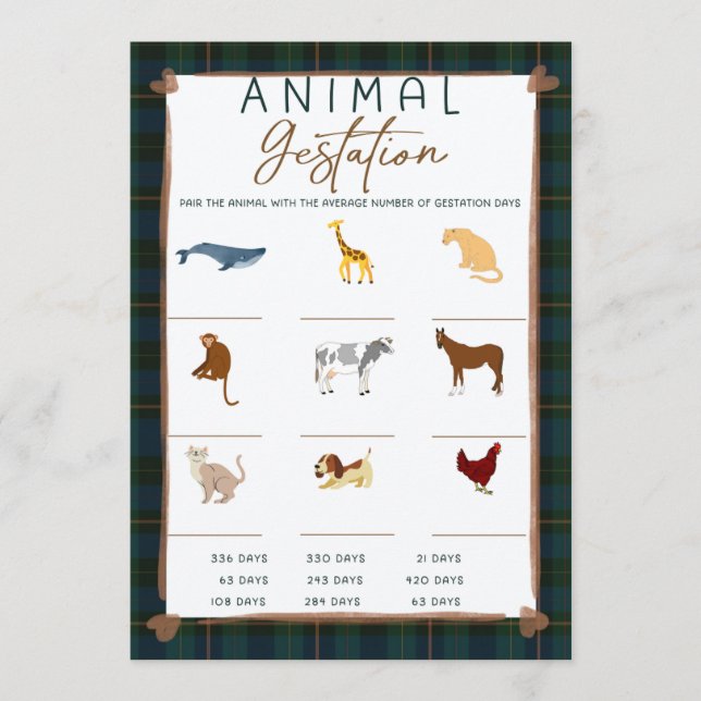 Baby Shower Game – Animal Gestation (Front)