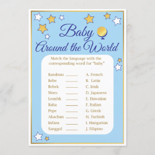 Baby Shower Game Around the World Blue Gold Stars Invitation