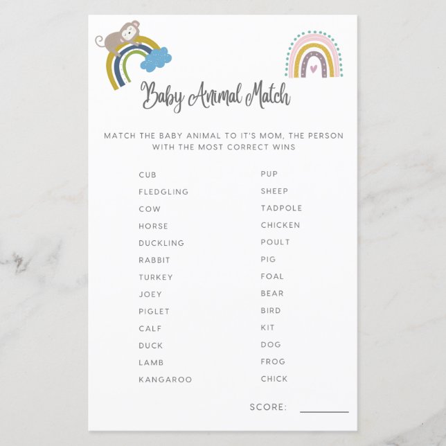 Baby Shower Game Baby Animal Match Gender Neutral (Front)