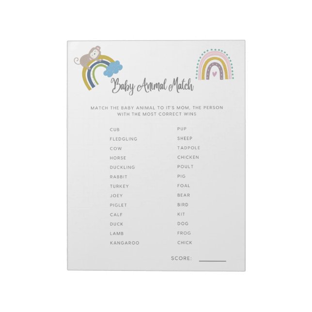 Baby Shower Game Baby Animal Match Gender Neutral Notepad (Rotated)