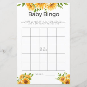 Baby Shower Game Baby Bingo Yellow Sunflowers