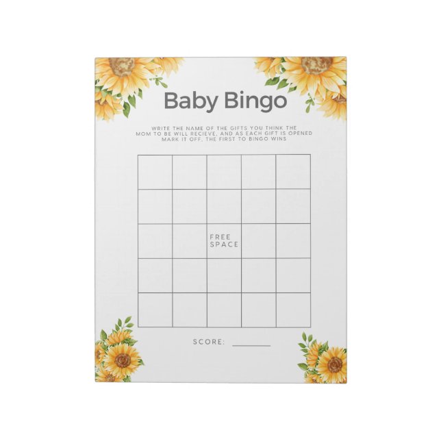 Baby Shower Game Baby Bingo Yellow Sunflowers Notepad (Rotated)