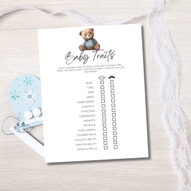 Baby Shower Game Baby Boy Baby Traits From Parents Invitation (Baby Shower Traits Game for Baby  boy shower with Blue Teddy Bear.)