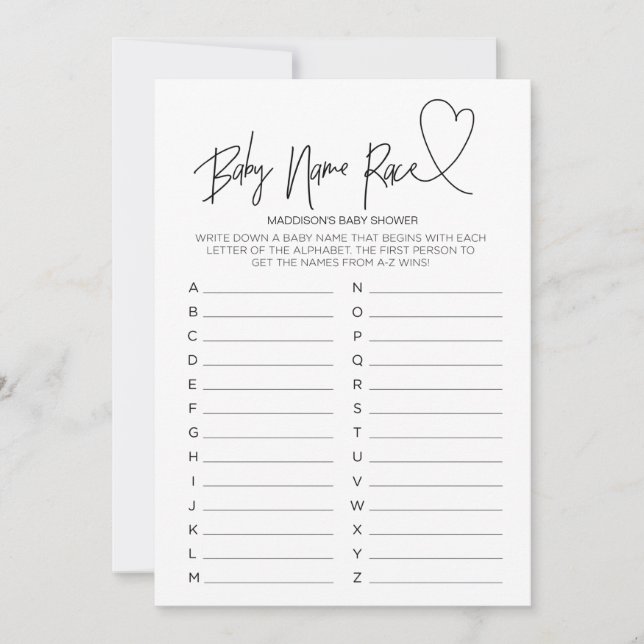 Baby Shower Game Baby Name Race Card (Front)