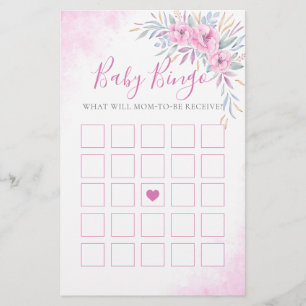 Baby Shower Game Bingo Flowers Watercolor Pink