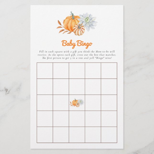  Baby Shower Game Bingo Little Pumpkin Fall Cute Flyer (Front)