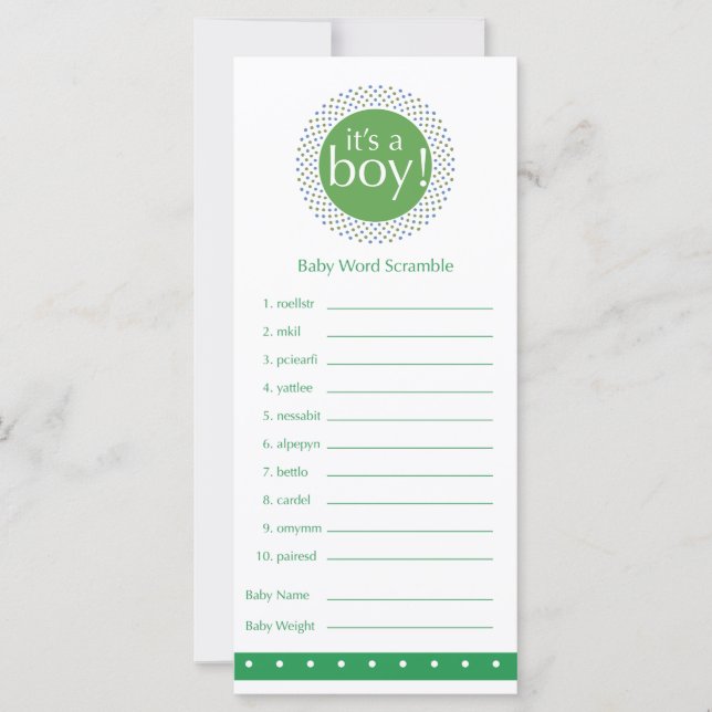Baby Shower Game Card -Green (Front)