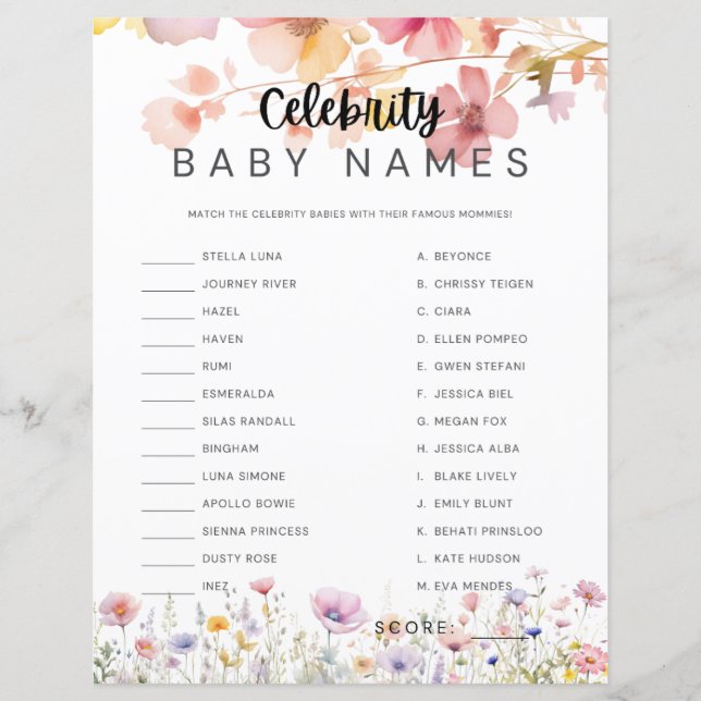 Baby Shower Game Celebrity Baby Names Matching (Front)