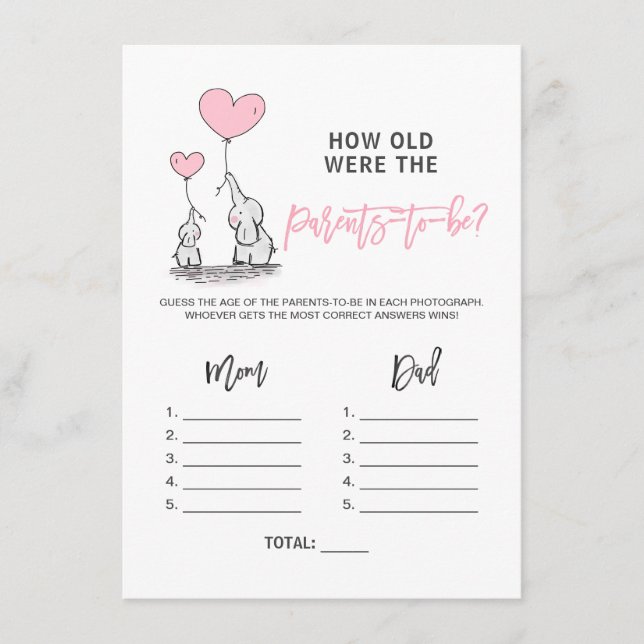 BABY SHOWER GAME Elephant - How old Parents Photo Enclosure Card (Front)