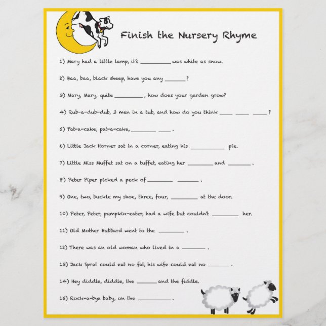 Baby Shower Game - Finish the Nursery Rhyme (Front)