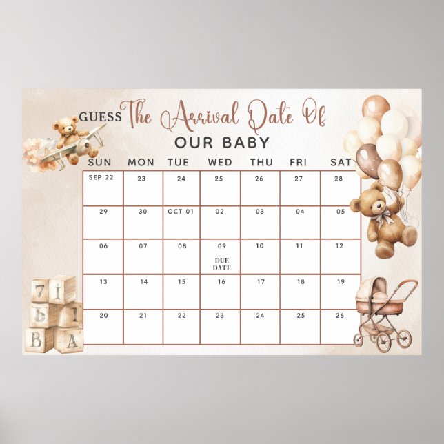 Baby Shower GAME Guess Due Date We Can Bearly Wait Poster (Front)