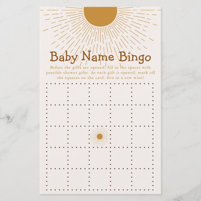 Baby Shower Game Here Comes The Son Bingo (Front)