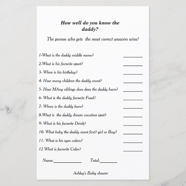 Baby shower game how well do you the daddy (Front)