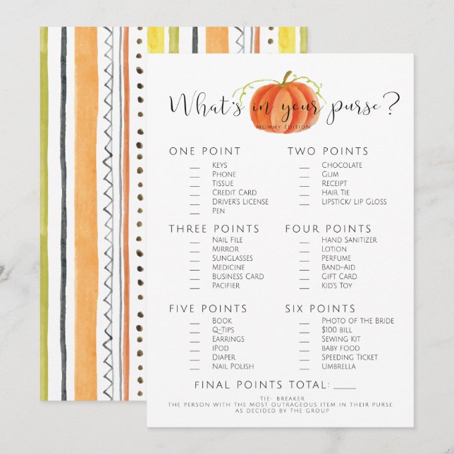 Baby Shower Game- Pumpkin, Fall Invitation (Front/Back)