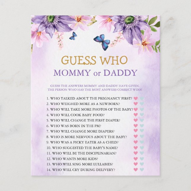 Baby Shower Game Purple Butterfly (Front)