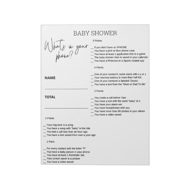 Baby Shower Game What's in your Phone  Notepad (Rotated)