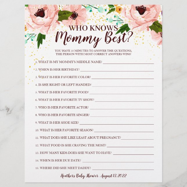 Baby Shower Game Who Knows Mummy Confetti Floral (Front)