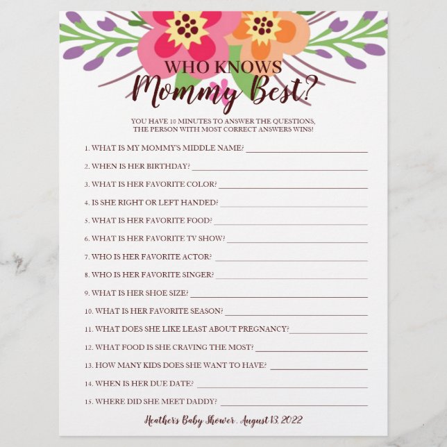 Baby Shower Game Who Knows Mummy Floral (Front)