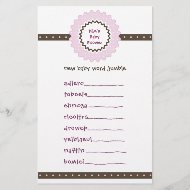 Baby Shower Game - Word Jumble (Front)