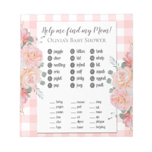Baby Shower Games Find My Mum Coral Roses Gingham Notepad