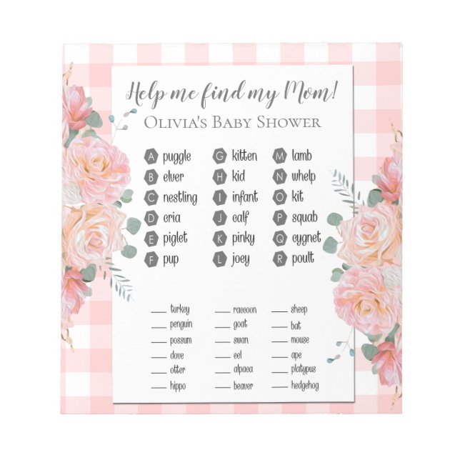 Baby Shower Games Find My Mum Coral  Roses Gingham Notepad (Front)