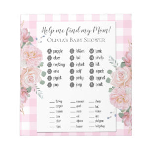 Baby Shower Games Find My Mum Pink Roses Gingham Notepad