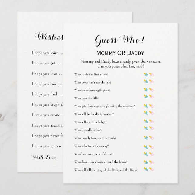 Baby Shower Games - Wishes for Baby and Guess Who Invitation (Front/Back)