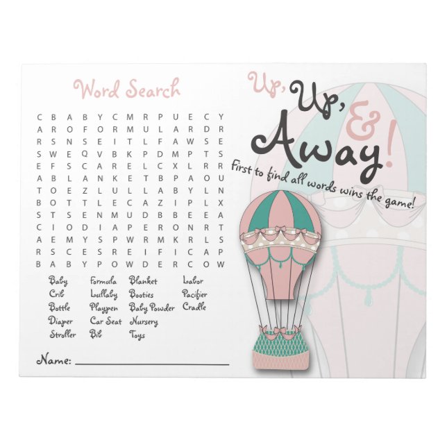 Baby Shower Games, Word Search, Hot air Balloon Notepad (Front)