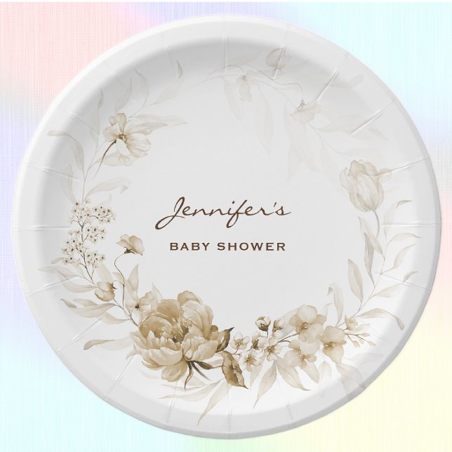 Baby Shower Garden Florals 7-in Sepia Paper Plate (Creator Uploaded)