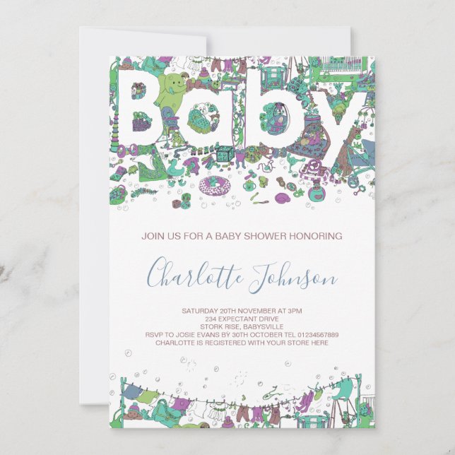 Baby shower gender neutral elephant  invitation (Front)