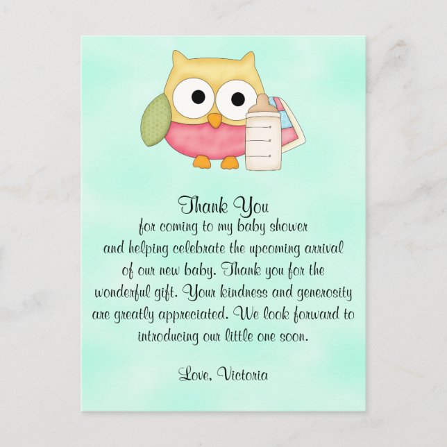 Baby Shower Gender Neutral Owl Postcard (Front)