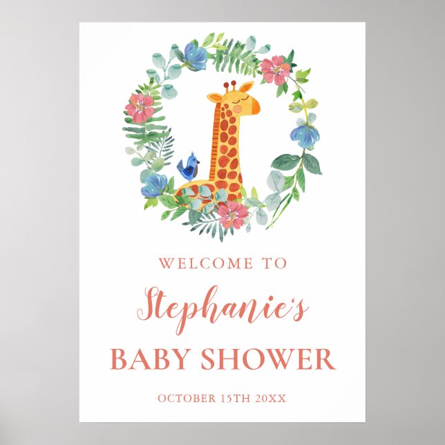 Baby Shower Giraffe & Floral Wreath Baby Shower Poster (Front)